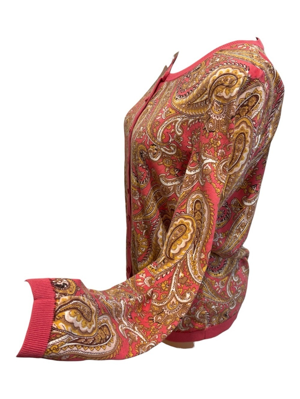 Y2K TALBOTS CORAL & TAN PAISLEY PRINT LAGENLOOK BOHO BUTTON-FRONT CARDIGAN SZ M - Picture 5 of 8